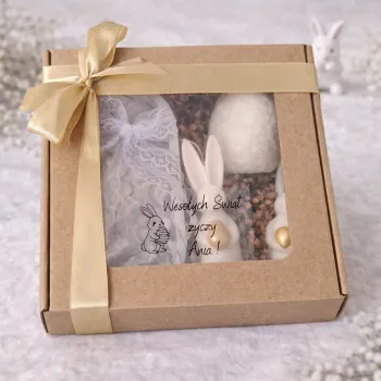 Wielkanocny Box Prezentowy – Świeczki Króliczki + Jajko + Podstawka | Personalizowany Prezent na Wielkanoc